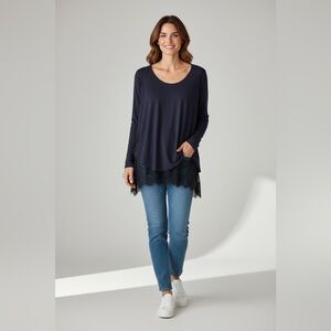 Ann Taylor Mixed Media Blouse Navy Black Size XL